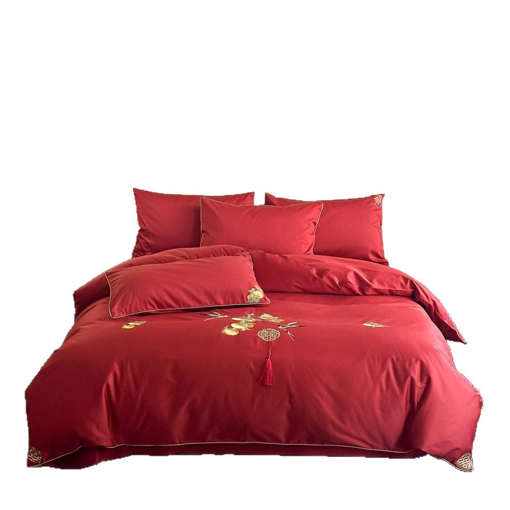 Pure cotton satin bedding set with golden embroidery and ornamental border