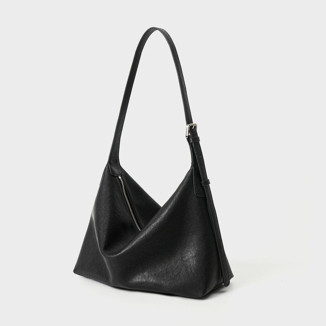 Soft Slouch Hobo Shoulder Bag with Adjustable Buckle Strap and Diagonal Zip Pocket