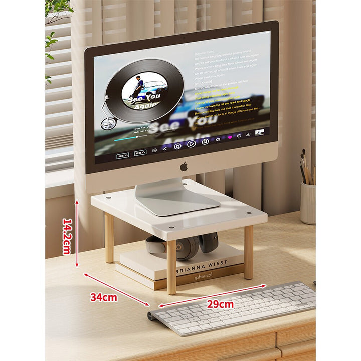 Compact Elevated Monitor Riser Stand with Wooden Legs and Under-Storage
