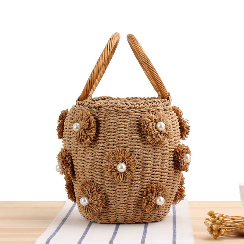 Handcrafted basket bag with bead appliqués Kalsten