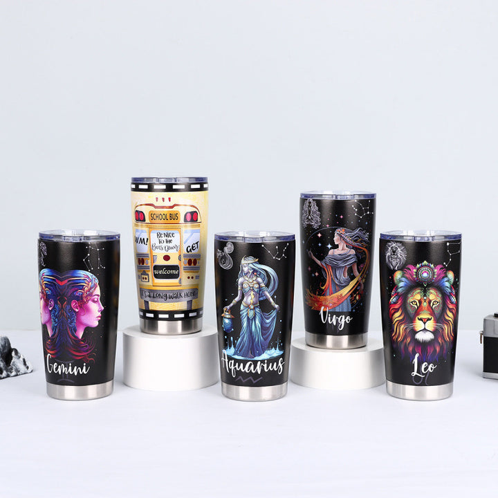 Double-Wall Vacuum Insulated Stainless Steel Travel Tumbler With Spill-Resistant Lid And Printed Cow Sunflower Design