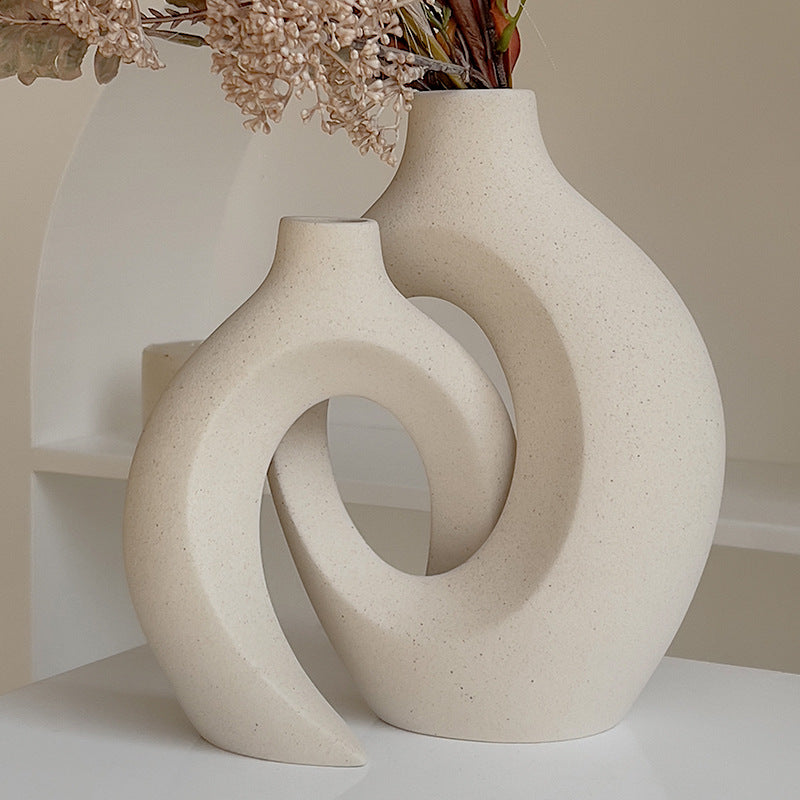 Modern Sculptural Hollow-Ring Ceramic Tabletop Vase Set With Minimalist Asymmetrical Silhouette