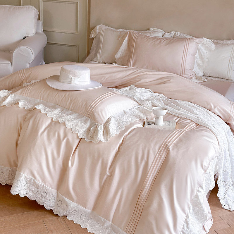 Fine cotton satin bed set with lace, ruffles and decorative stitching