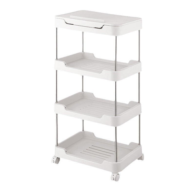 Three-tier rolling storage cart made of plastic with removable inserts and wheels