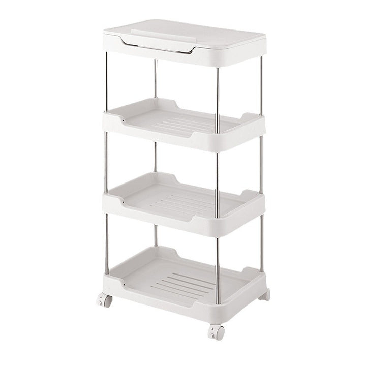 Three-tier rolling storage cart made of plastic with removable inserts and wheels