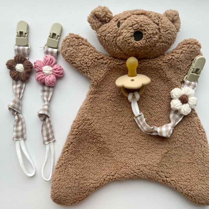 Pacifier and Teether Clip with Wooden Safety Clip and Crochet Flower