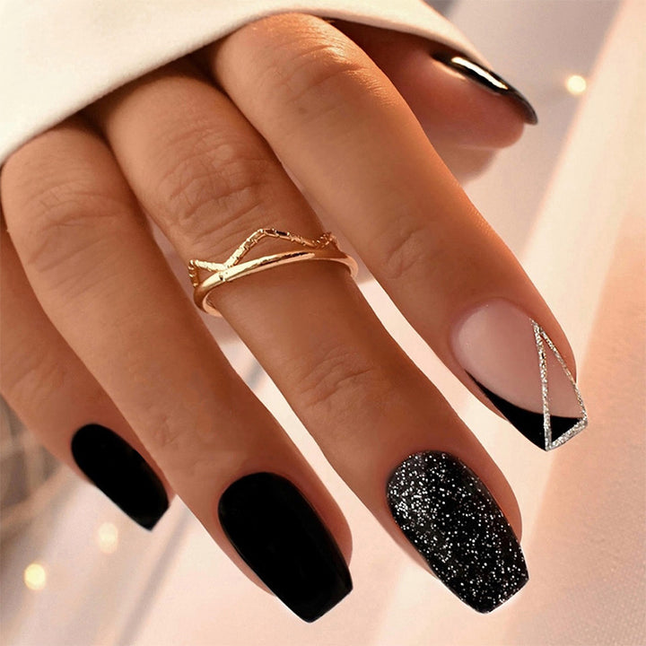 Matte Finish Press-On Nail Set with Glamorous Black and Sparkly Designs Kalsten