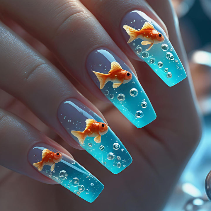3D Fish and Bubbles Acrylic Nail Art Kalsten