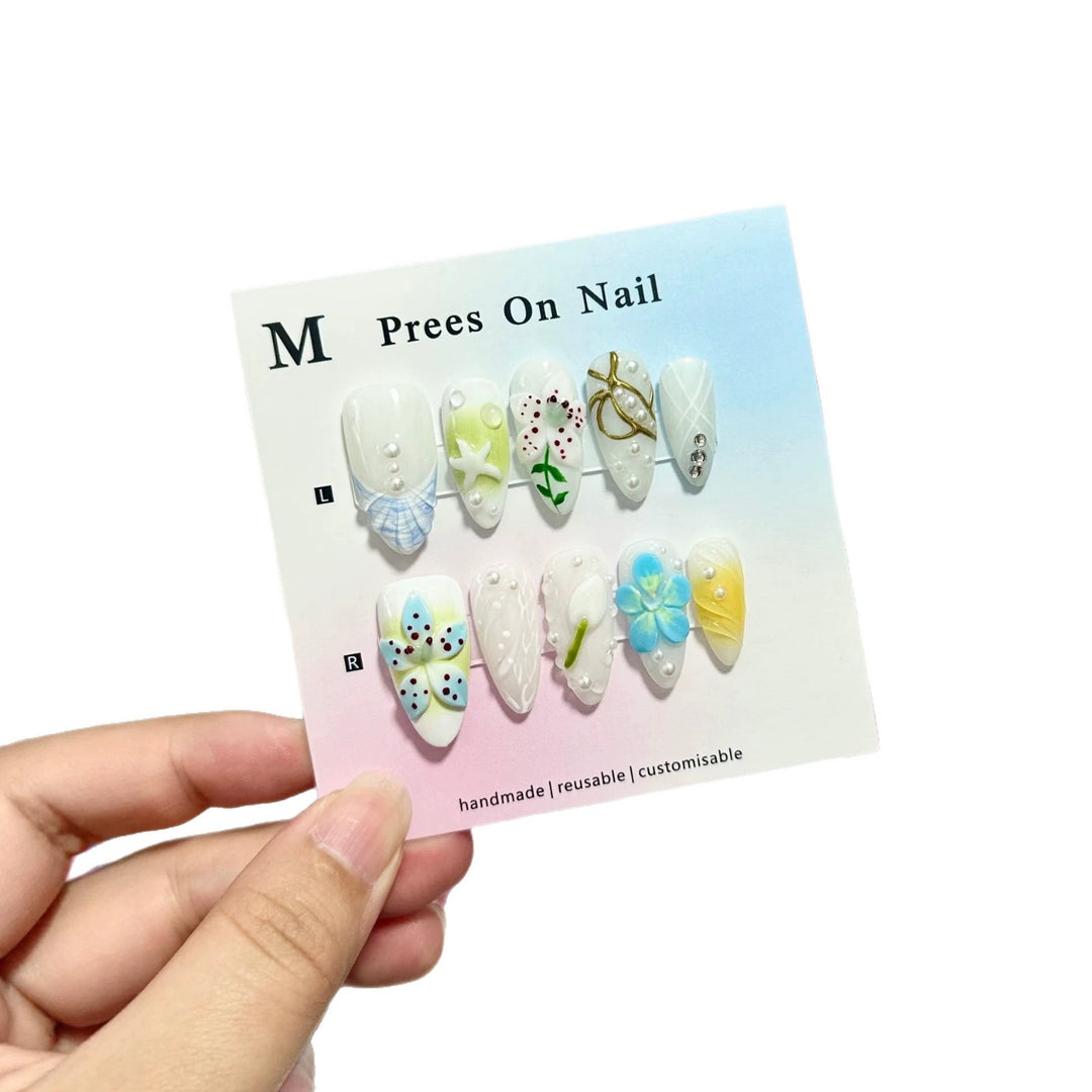 Artistic Press-On Nail Art Set with Floral and Gem Accents  1791774696
