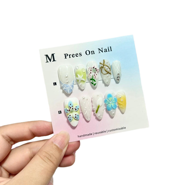 Artistic Press-On Nail Art Set with Floral and Gem Accents  1791774696
