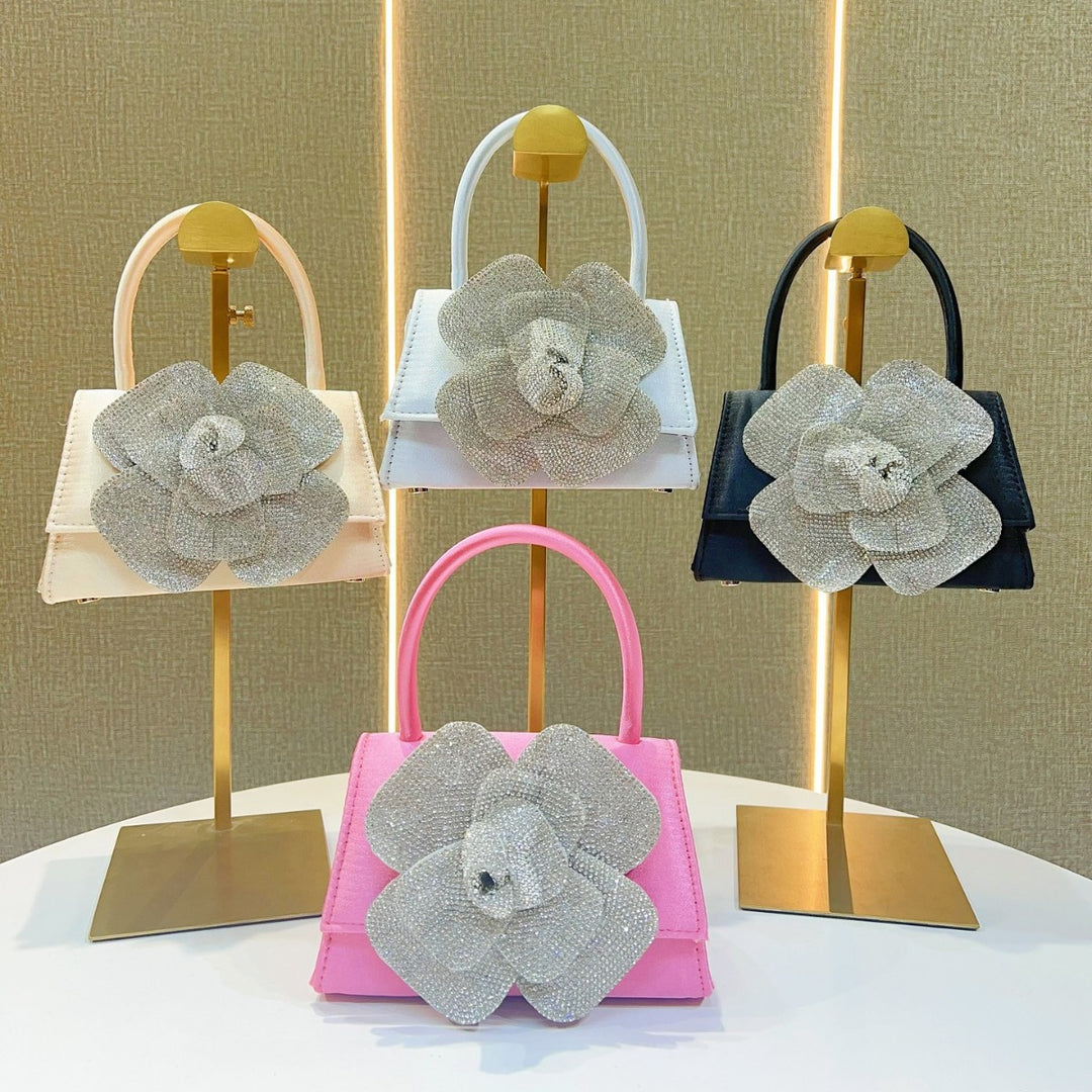 Flower-Embellished Satin Handbag