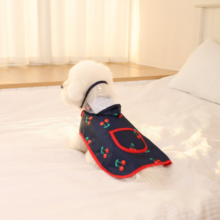 Waterproof Cherry-Print Hooded Dog Raincoat with Clear Visor and Front Pocket