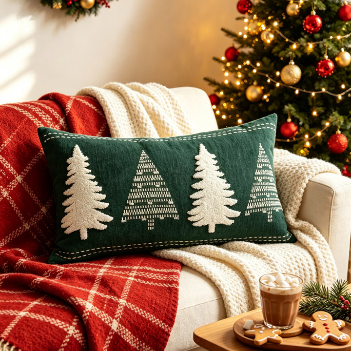 Holiday Holly Embroidered Velveteen Throw Pillow with Pom Berry Accents