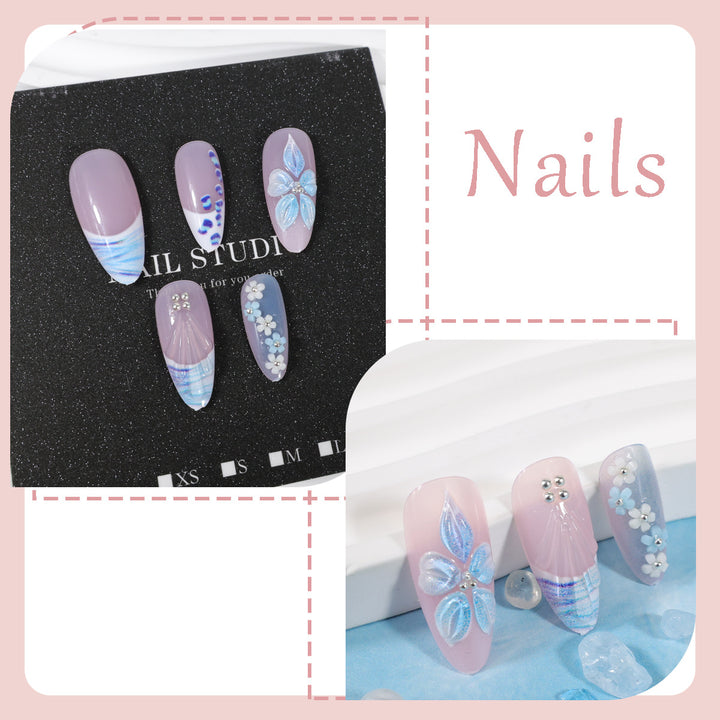 Artificial nail set with exquisite blue flower and glitter embellishments Kalsten