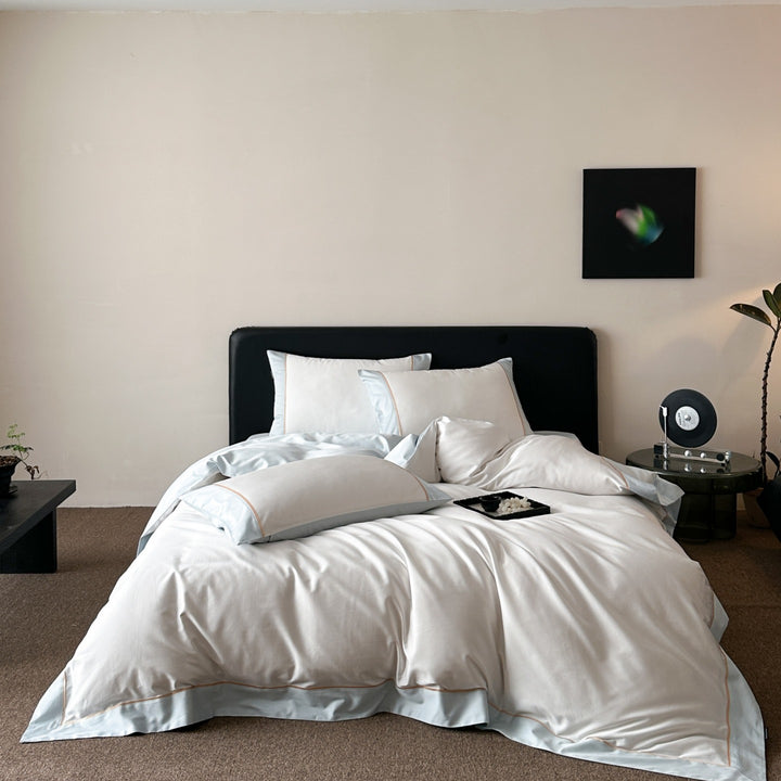 Premium cotton satin bedding set with fine contrast piping and hotel closure