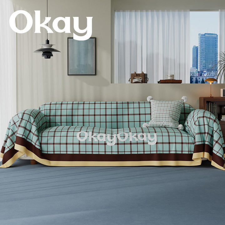 Reversible Plaid-Trim Sofa Slipcover and Throw Blanket Set