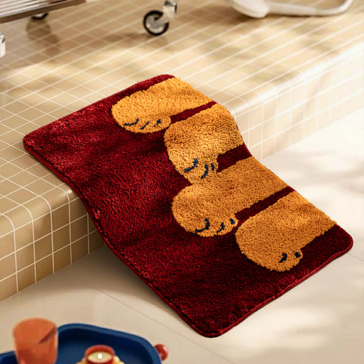 Fluffy bathroom doormat with paw relief