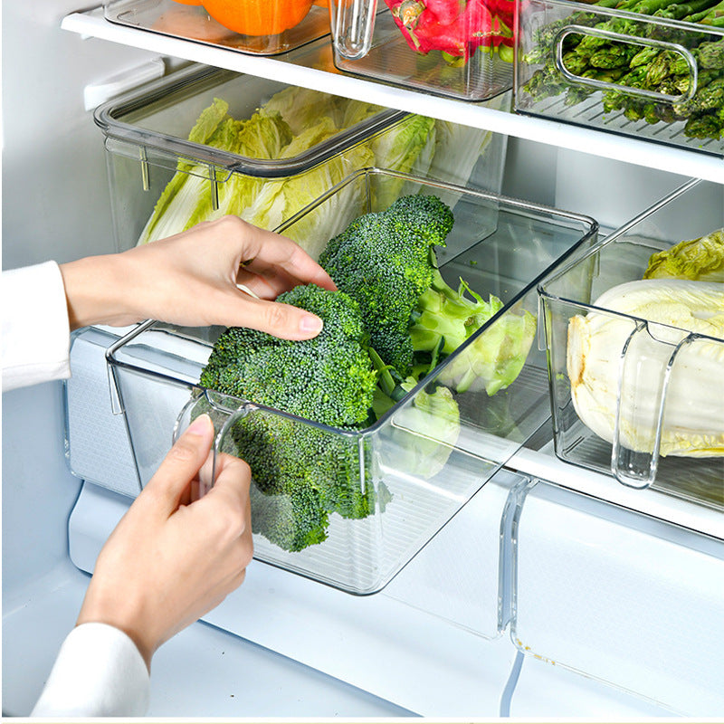 Fridge organizer with handle made of clear plastic for door and shelf storage