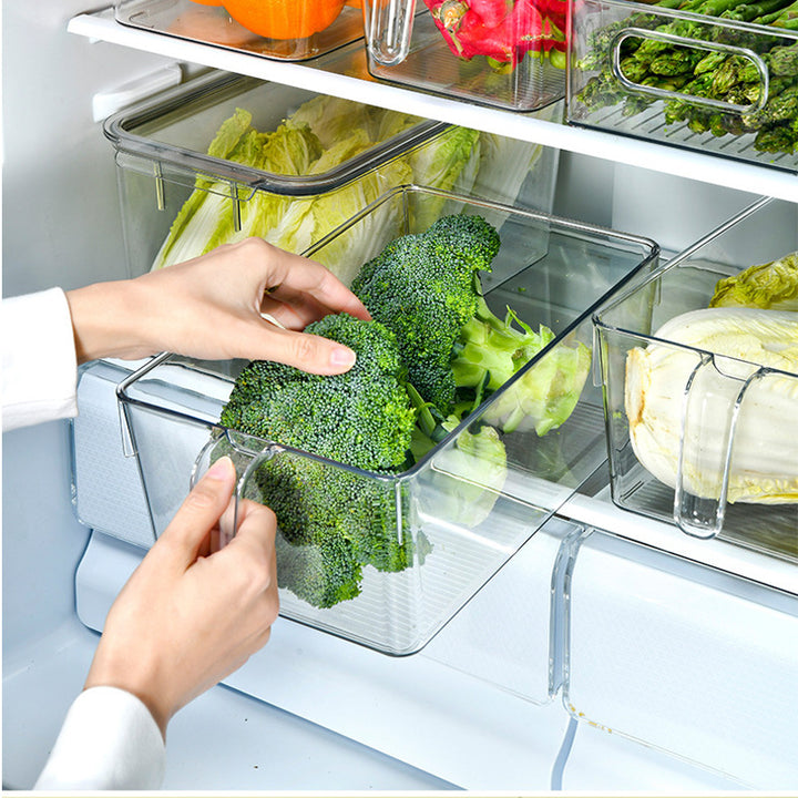 Fridge organizer with handle made of clear plastic for door and shelf storage