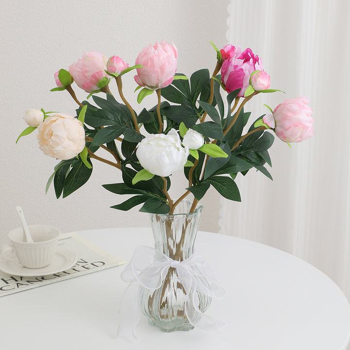 Artificial peony stem with lifelike flowers and leaves