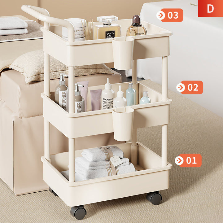 Compact Two-Tier Rolling Storage Trolley with Handle and Hooks
