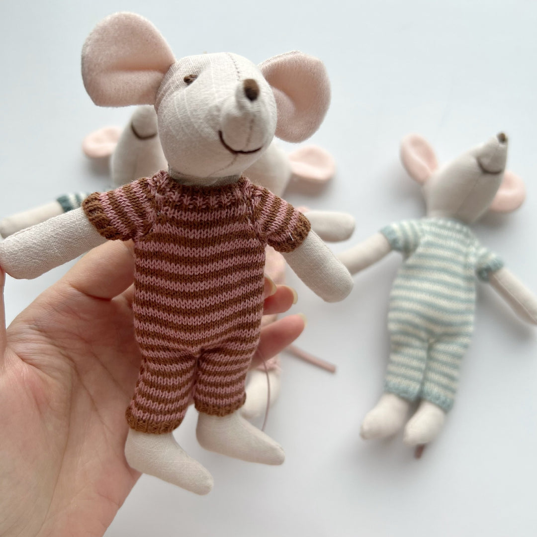 Artisan Linen Play Mouse Doll with Gingham Dress