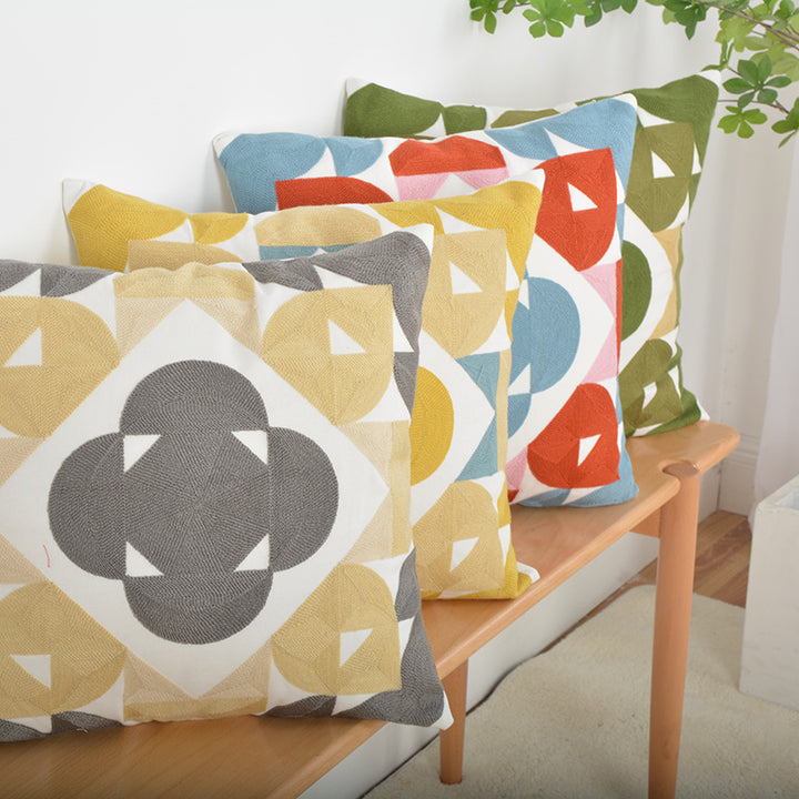 Geometric Embroidered Textured Square Accent Pillow with Layered Appliqué and Concealed Zip