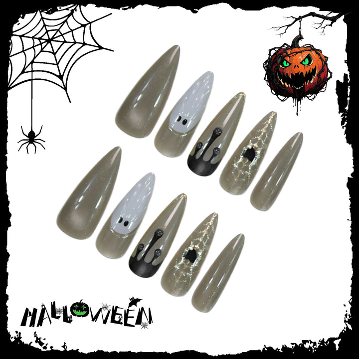 Halloween Art Nail Set with Elegant Ghost and Spider Motifs Kalsten