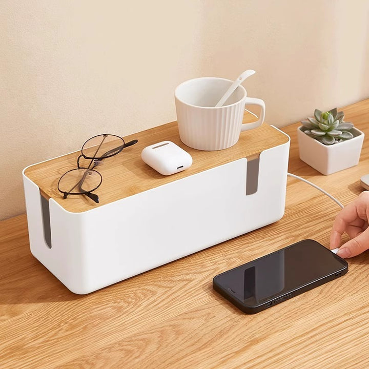 Cable storage box with bamboo lid and socket concealment
