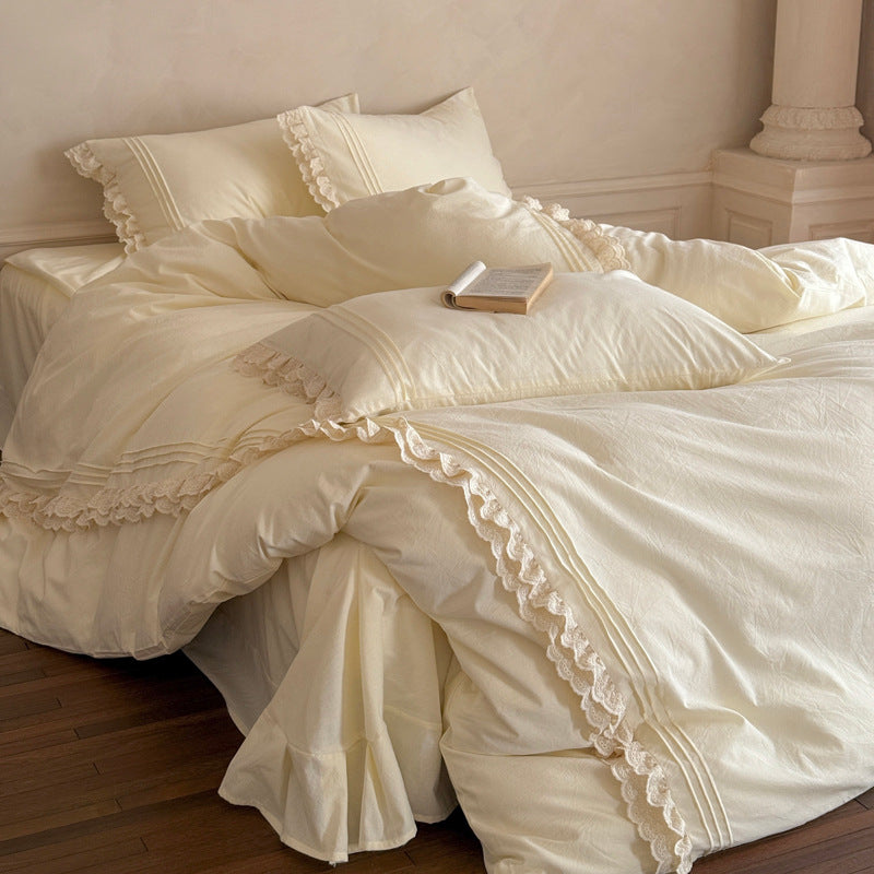 Romantic bedding set with lace ruffles and fine cotton texture