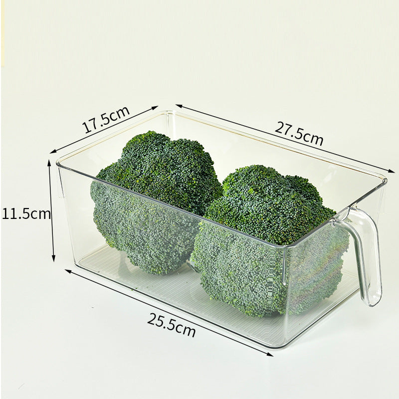 Fridge organizer with handle made of clear plastic for door and shelf storage