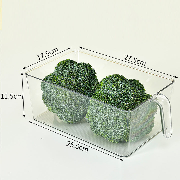 Fridge organizer with handle made of clear plastic for door and shelf storage
