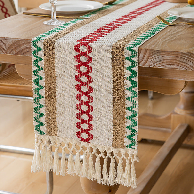 Handwoven Cotton Table Runner with Red Geometric Heart Stripe and Knotted Tassel Fringe