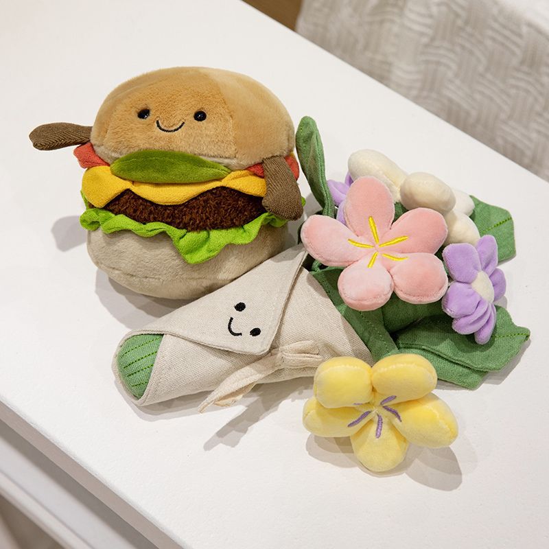 Plush Flower Bouquet Decorative Soft Toy with Embroidered Face and Removable Burlap Wrap Kalsten