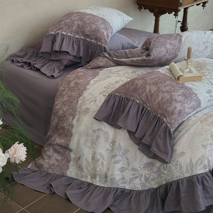 Bedding set with jacquard panels, ruffled bed skirt and reversible pillow