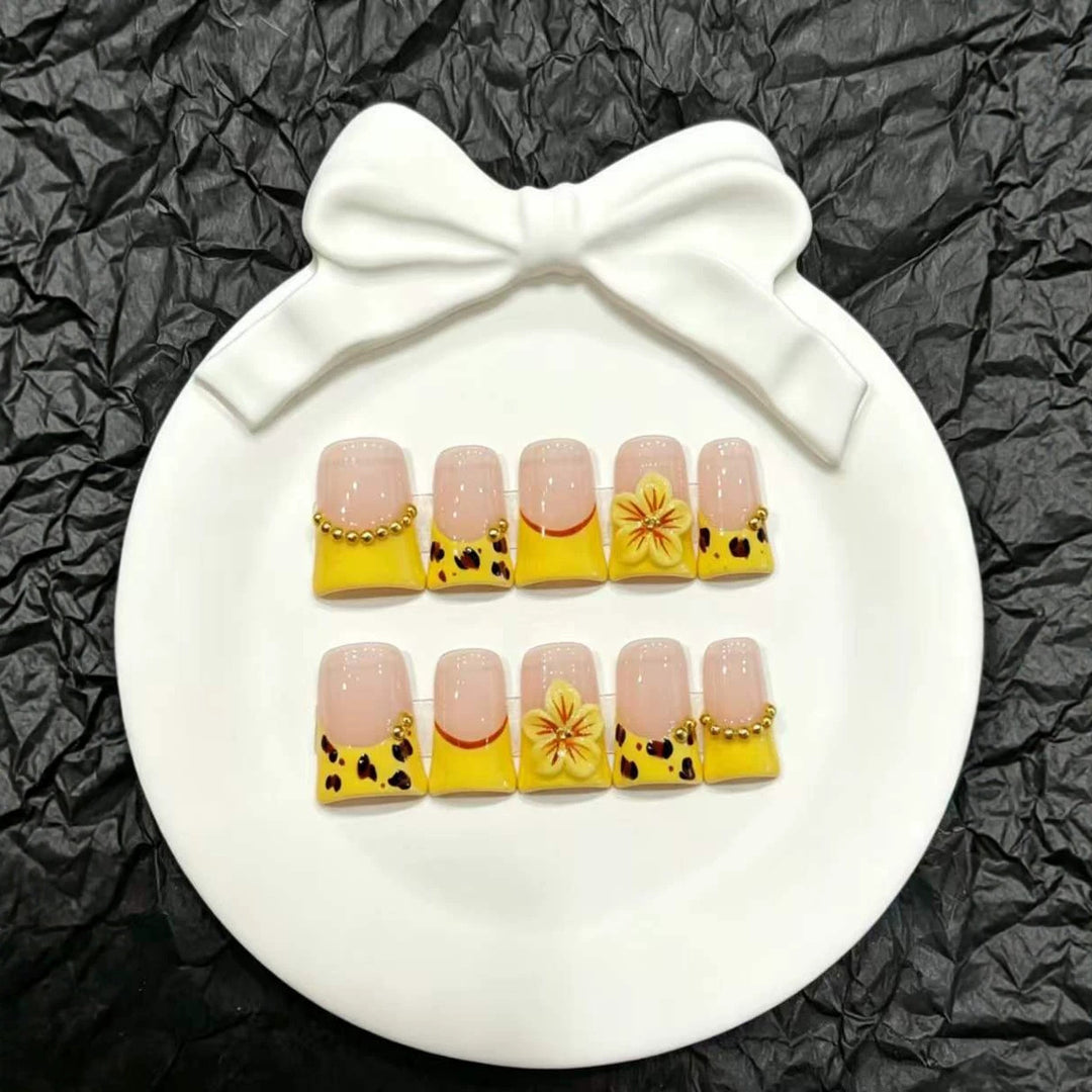 Artistic Press-On Nail Set with Floral and Animal Print Designs