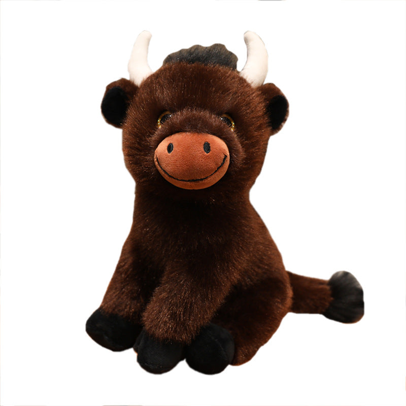 Sitting Plush Bull Decorative Soft Toy with Embroidered Snout, Horns & Soft Faux-Fur Kalsten