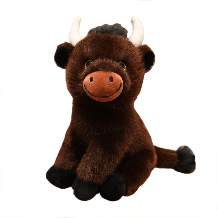 Sitting Plush Bull Decorative Soft Toy with Embroidered Snout, Horns & Soft Faux-Fur Kalsten