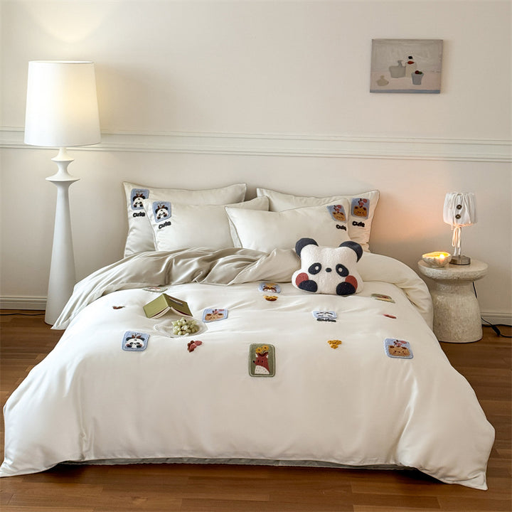 luxurious cotton satin bedding set with embroidered teddy bear appliqués