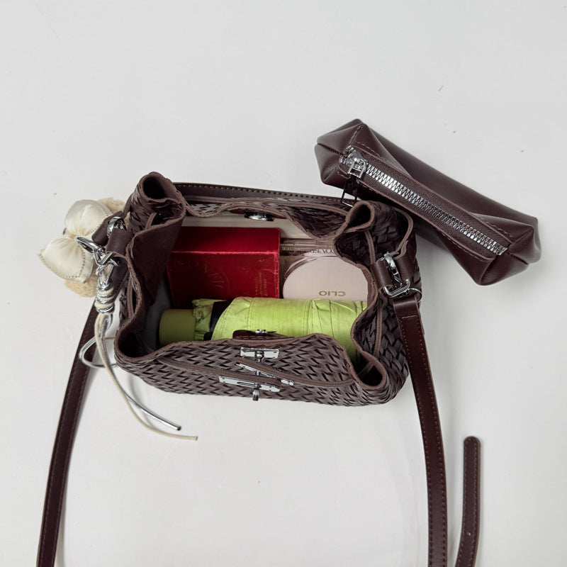 Woven Leather Bucket Tote Bag