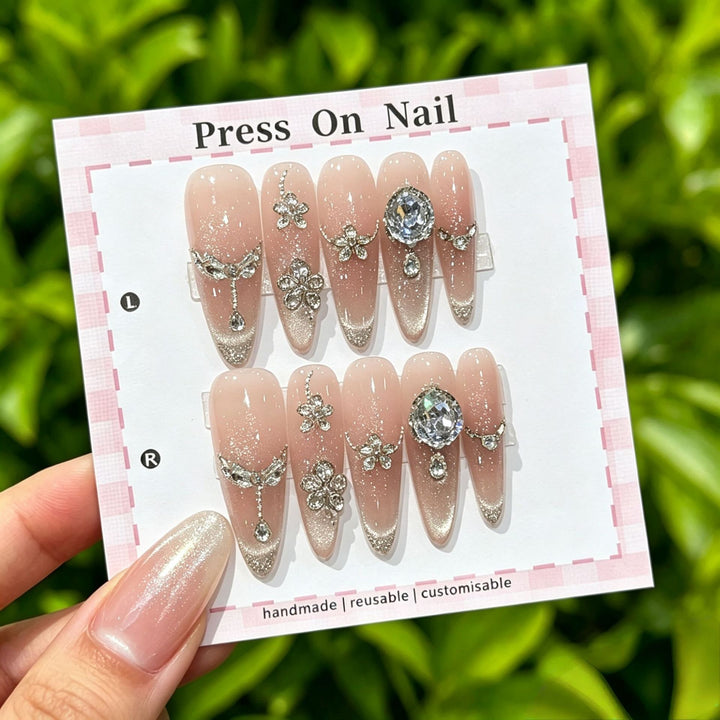 Artistic Press-On Nail Art Set with Cute Character and Bow Accents