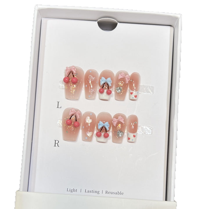 Playful Cherry-Themed Press-On Nail Art Set Kalsten