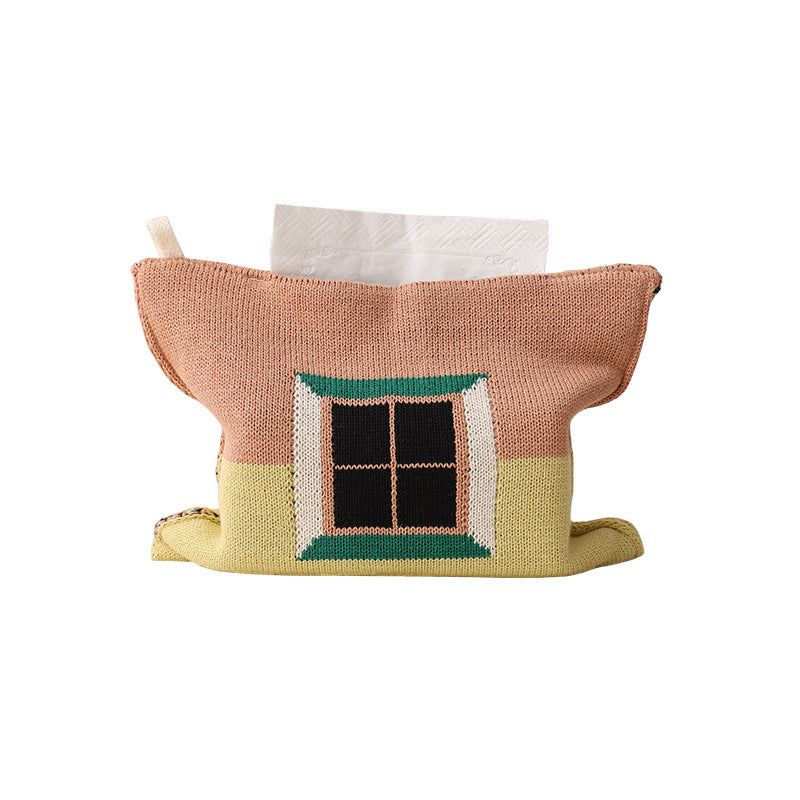 Knitted tissue box cover with geometric wave pattern