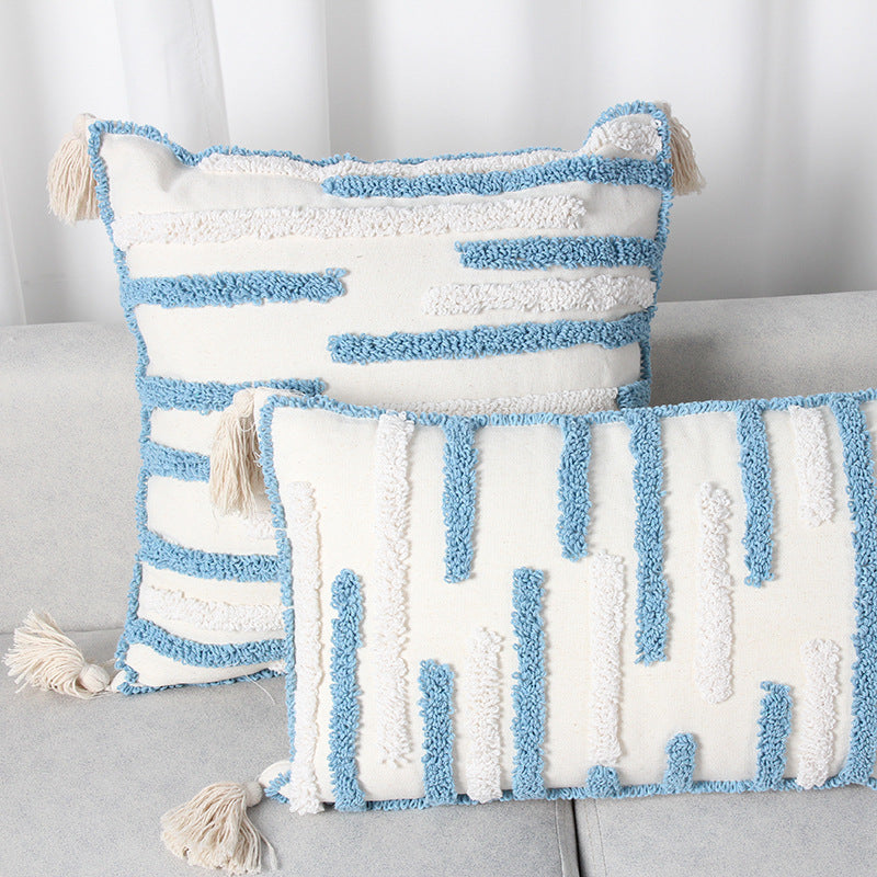 Textured Loop-Embroidered Square Throw Pillow with Corner Tassels and Removable Cover