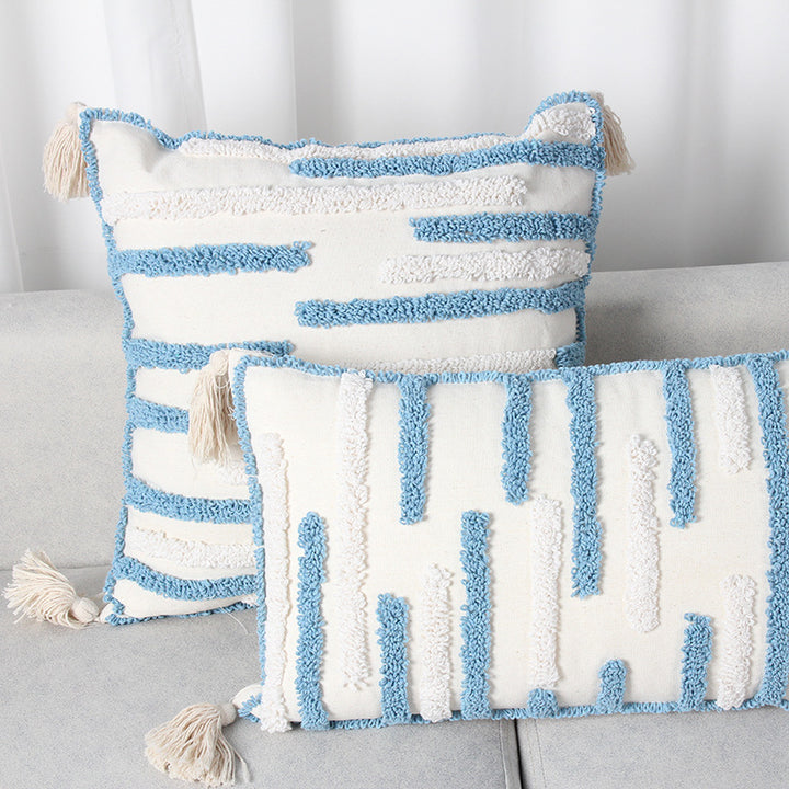 Textured Loop-Embroidered Square Throw Pillow with Corner Tassels and Removable Cover
