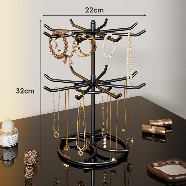 Tiered Rotating Jewelry Organizer Tree Stand with Multi-Arm Hooks and Ring Dish