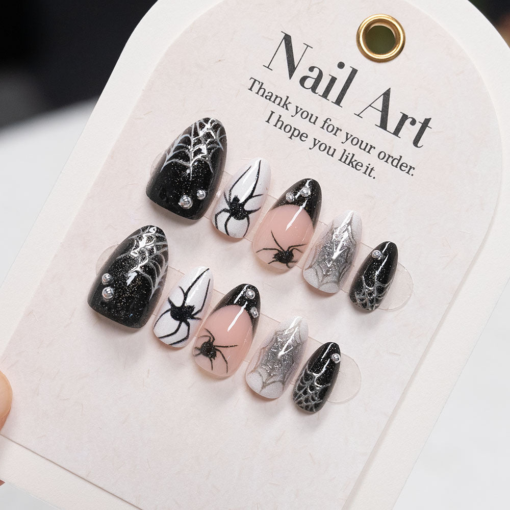 Artistic Press-On Nail Set with Spider and Web Design