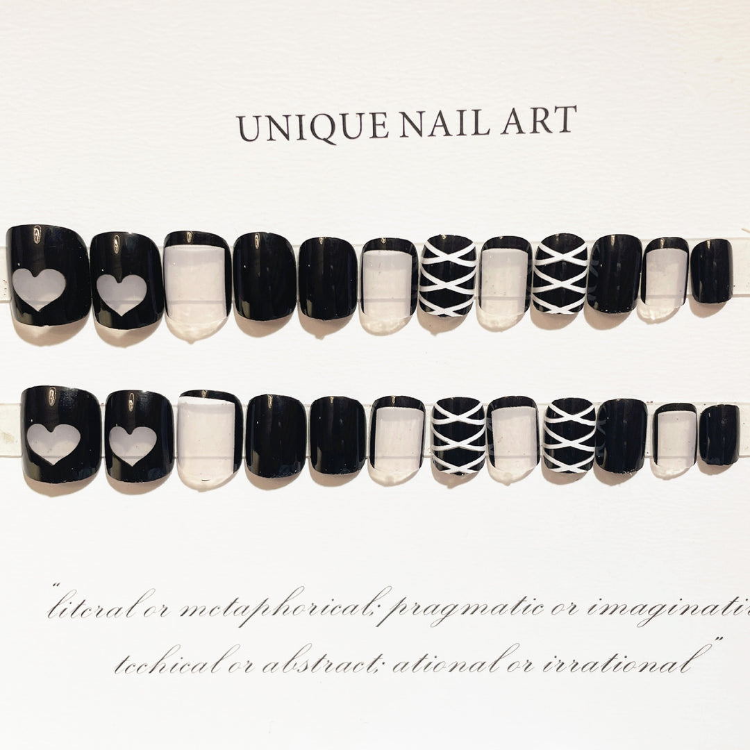 Stylish Press-On Nail Art Set with Heart and Geometric Patterns