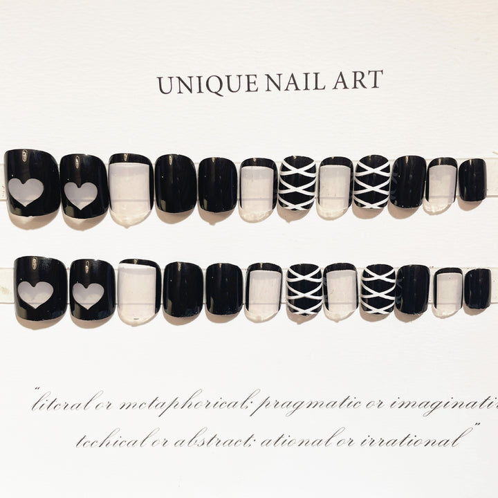 Stylish Press-On Nail Art Set with Heart and Geometric Patterns