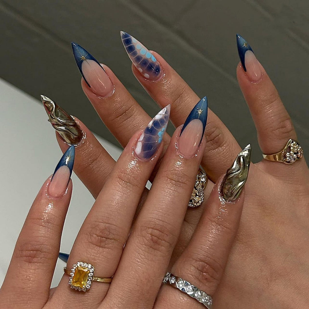 Artful stiletto nails with glitter and extraordinary design Kalsten